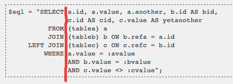 Example of SQL indentation with SELECT, FROM, JOIN, and WHERE clauses aligned vertically for readability.